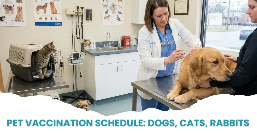 Pet vaccination schedule 2026 - veterinarian administering vaccines to dogs cats rabbits and birds