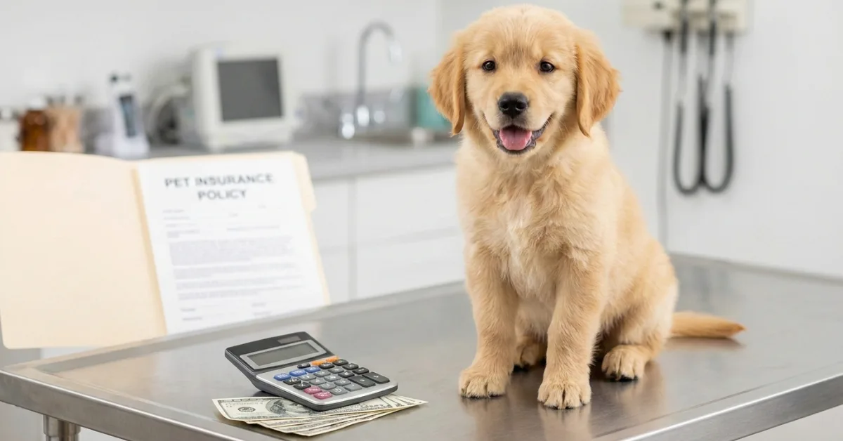 Golden retriever puppy with calculator representing dog insurance monthly cost in USA 2026