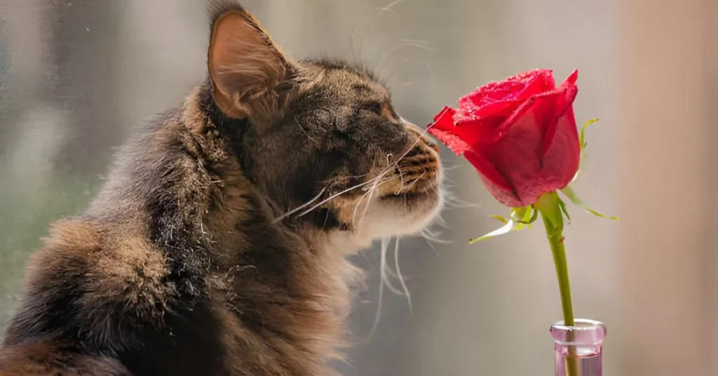 cat sniffing a red rose in a home garden
