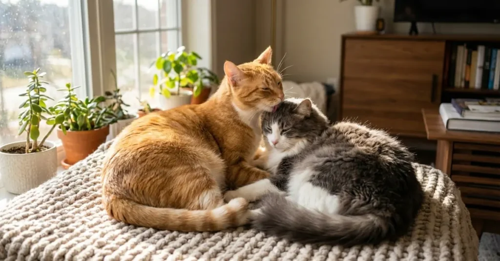 Two cats licking each other showing allogrooming behavior and social bonding