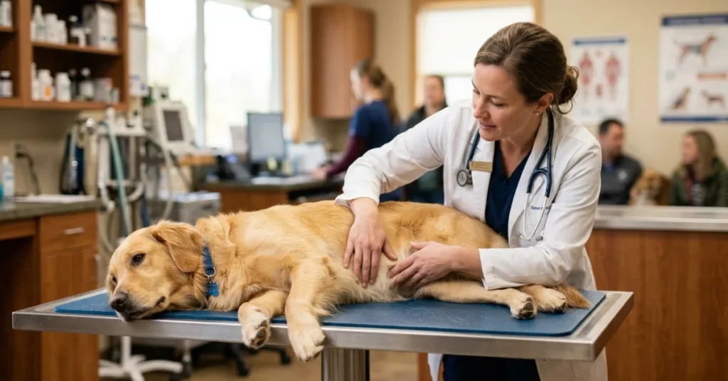 Vet examining female dog for pyometra