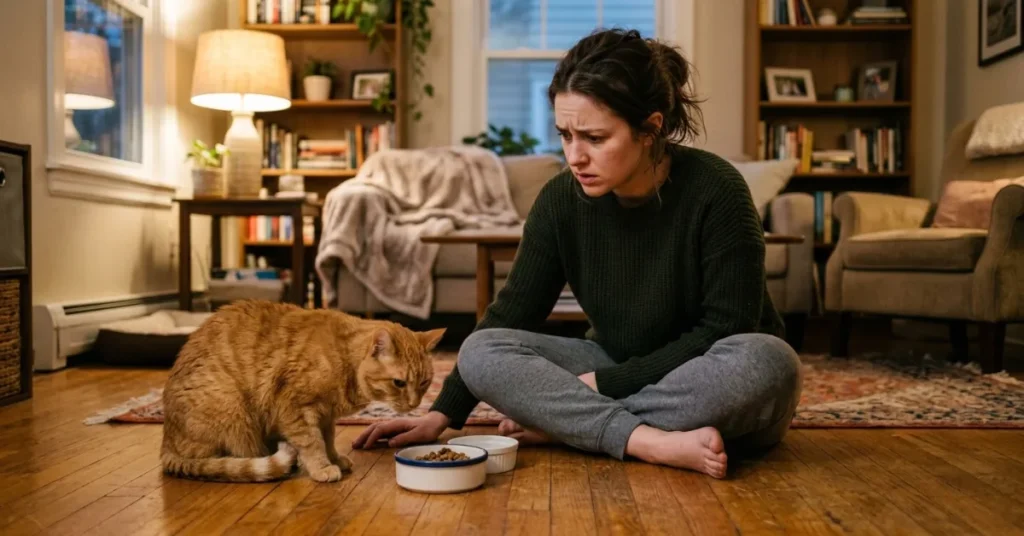 cat throwing up food near bowl