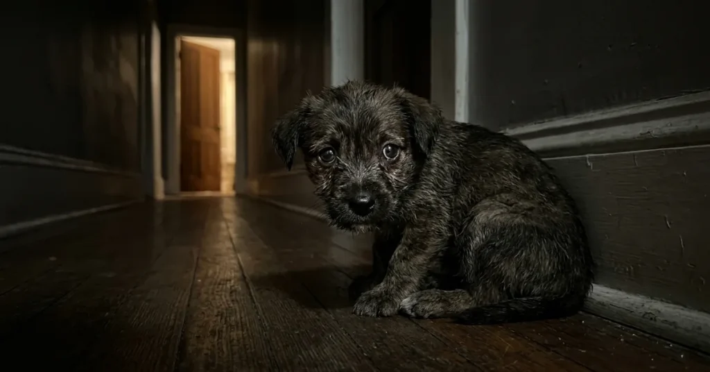 puppy crying at night in dark room