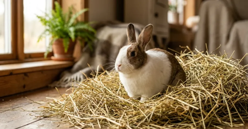 Rabbit sitting next to fresh timothy hay