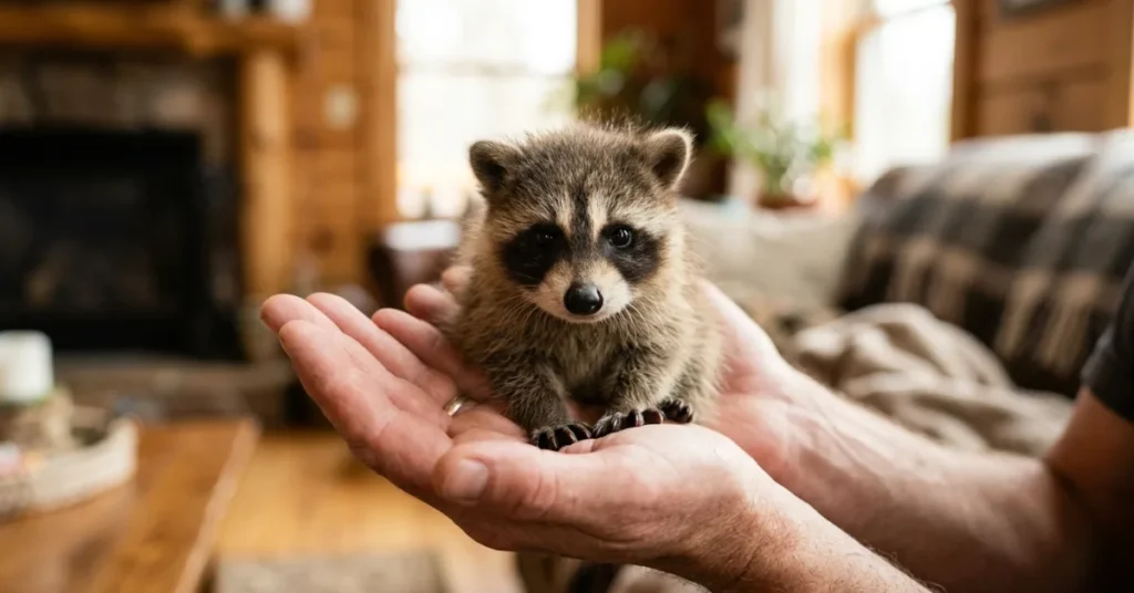 baby raccoon sitting in human hands