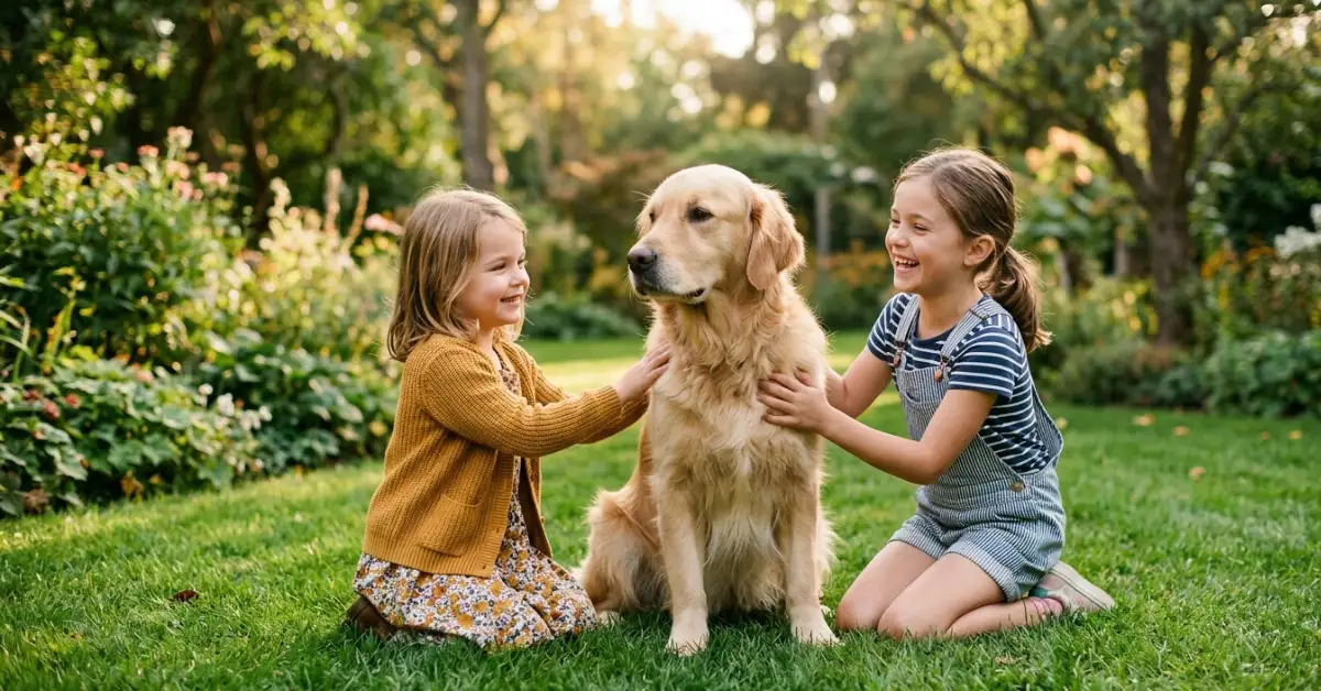 happy family dog playing with kids in backyard