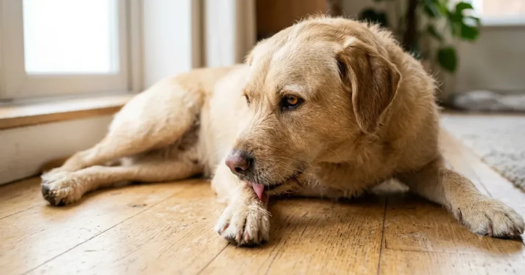 dog licking paws on wooden floor indoors