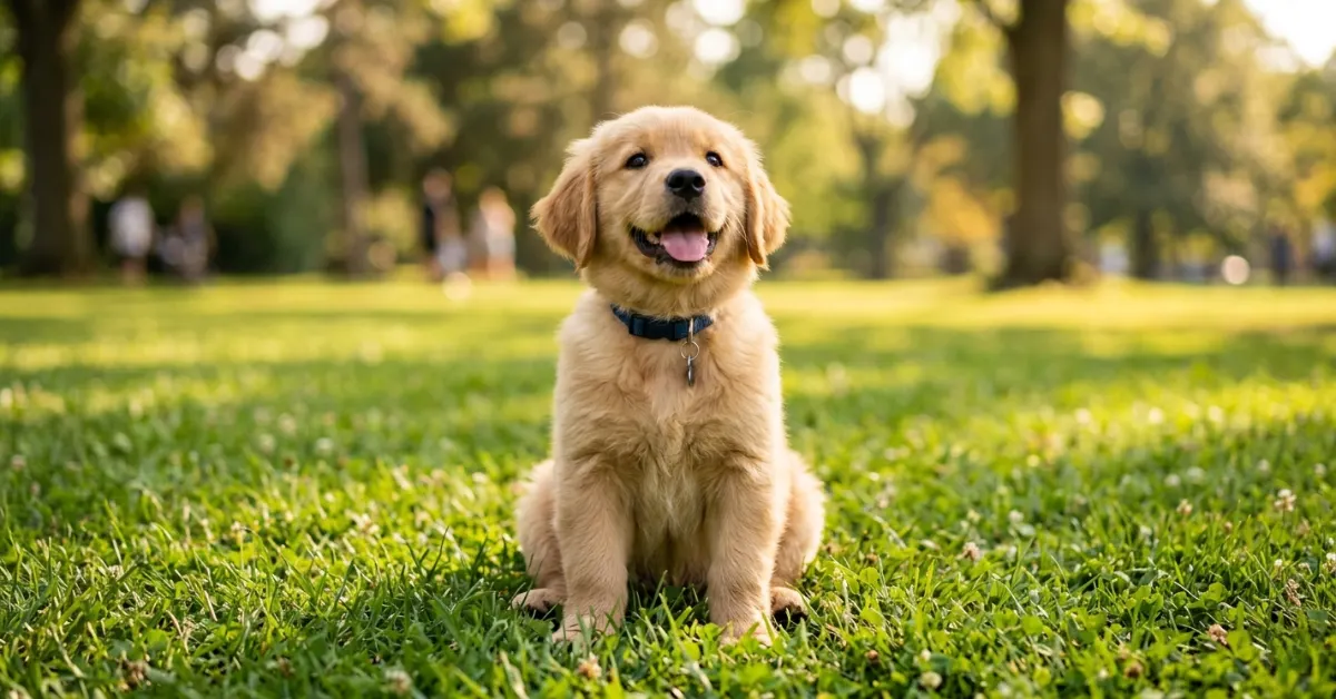 puppy sitting on grass for dog names with meaning