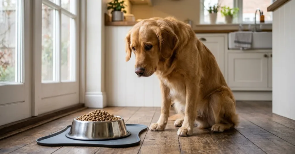 A sad dog sitting beside an untouched food bowl on the kitchen floor