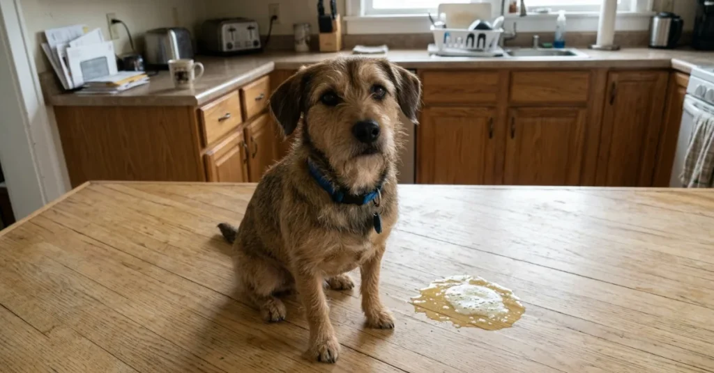 dog sitting on kitchen floor next to yellow foam vomit looking at owner