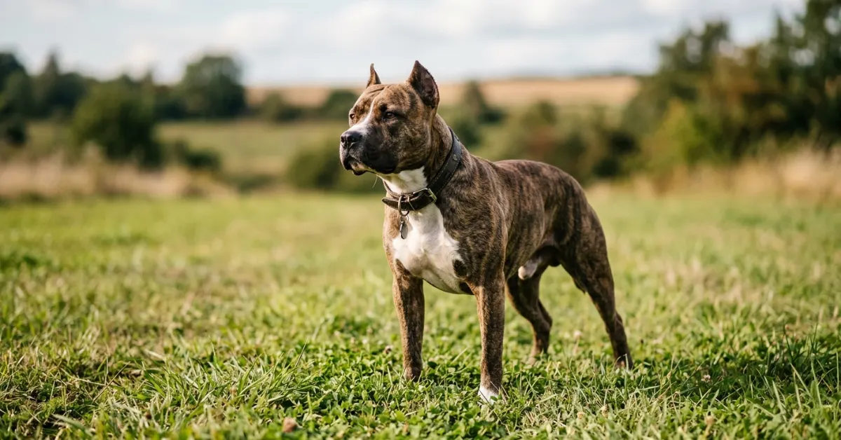 Pit bull terrier standing alert outdoors