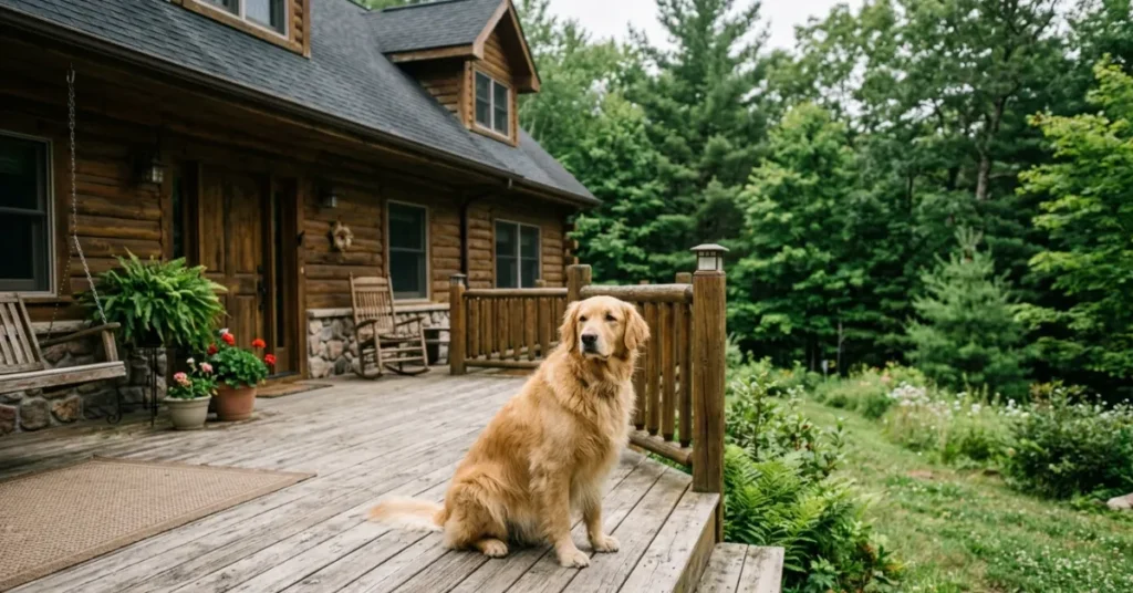 dog sitting outside a wooden lodge with green garden