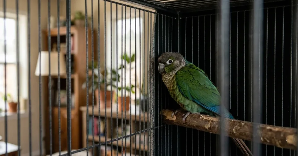 A small green parrot sitting fearfully in the corner of a cage, feathers pressed flat against its body