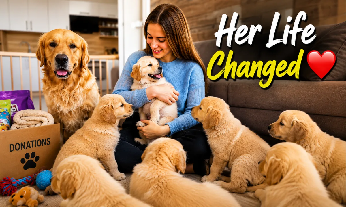 Woman cuddles rescue puppies beside a donations