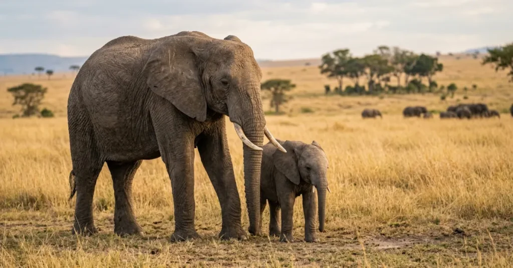 Newborn African elephant calf standing next to its mother, showing baby elephant birth weight