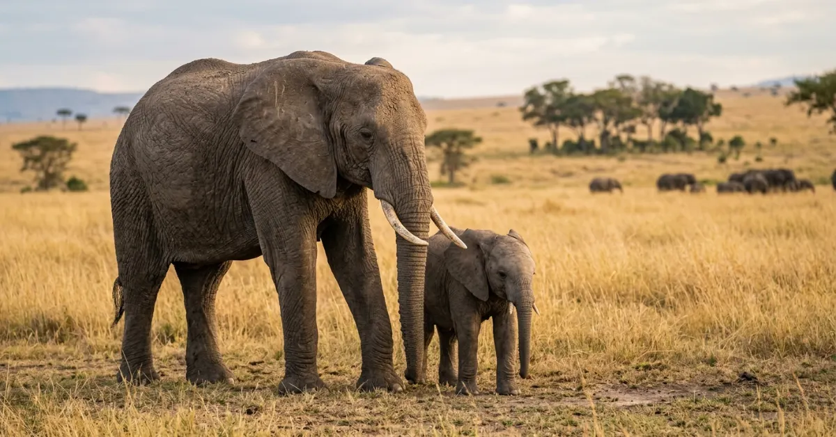 Newborn African elephant calf standing next to its mother, showing baby elephant birth weight