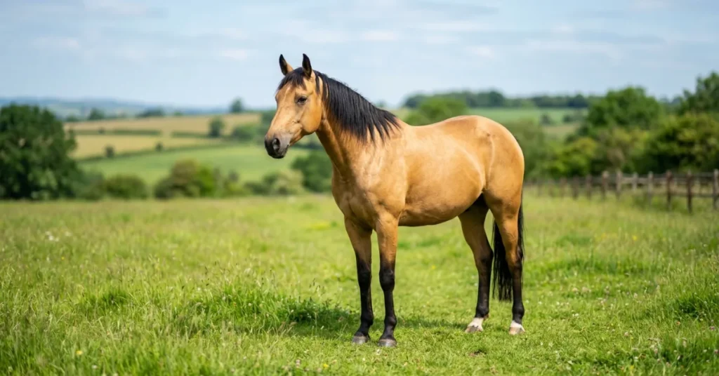 A buckskin horse with golden coat and black mane standing in a green field