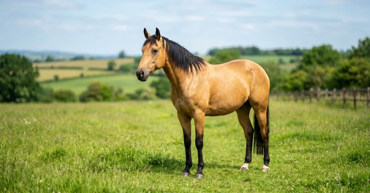 A buckskin horse with golden coat and black mane standing in a green field