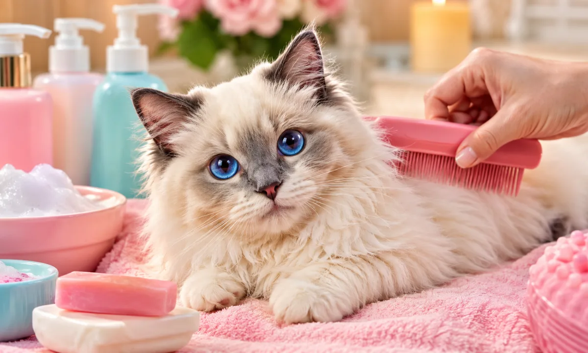 Professional cat grooming session at a pet salon