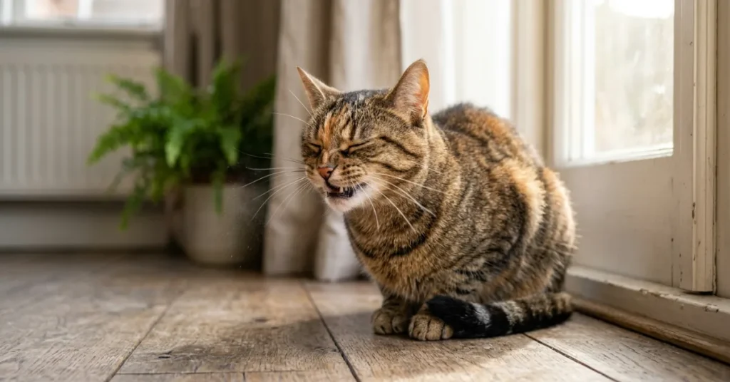 Cat sneezing on wooden floor near window showing common symptoms of feline sneezing
