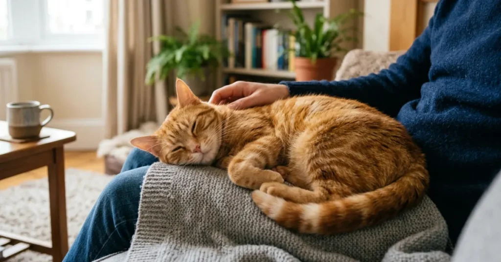 A tabby cat lying on a person's lap with eyes half closed, purring contentedly