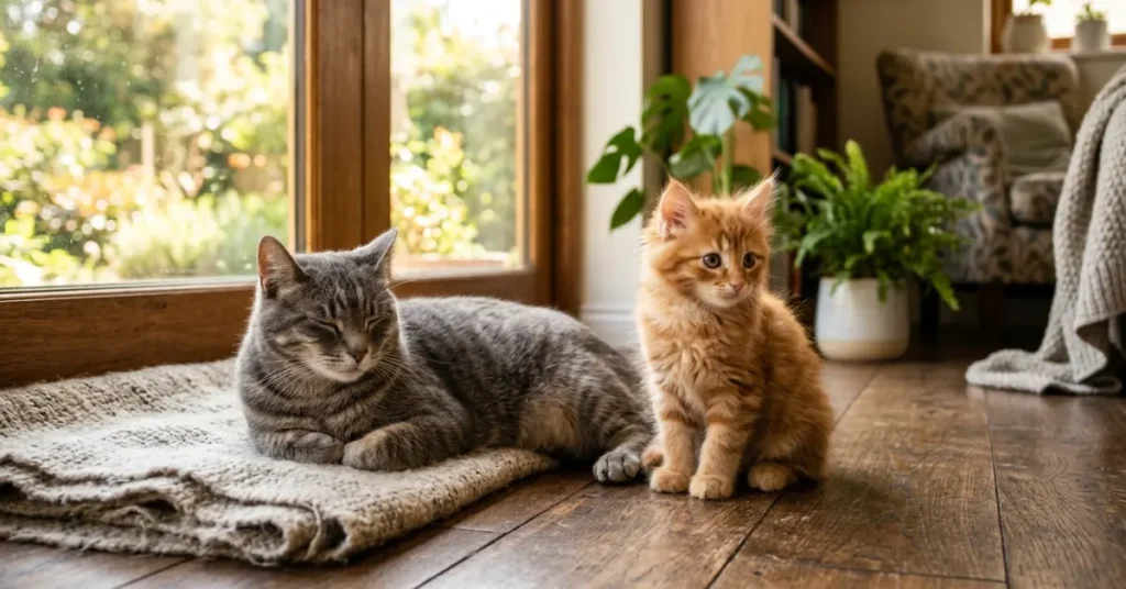 kitten and adult cat side by side showing cat years to human years age difference