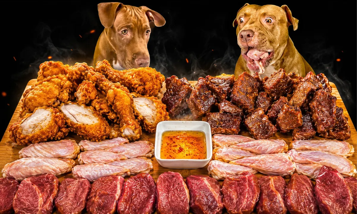 Dogs with fried chicken and beef feast.