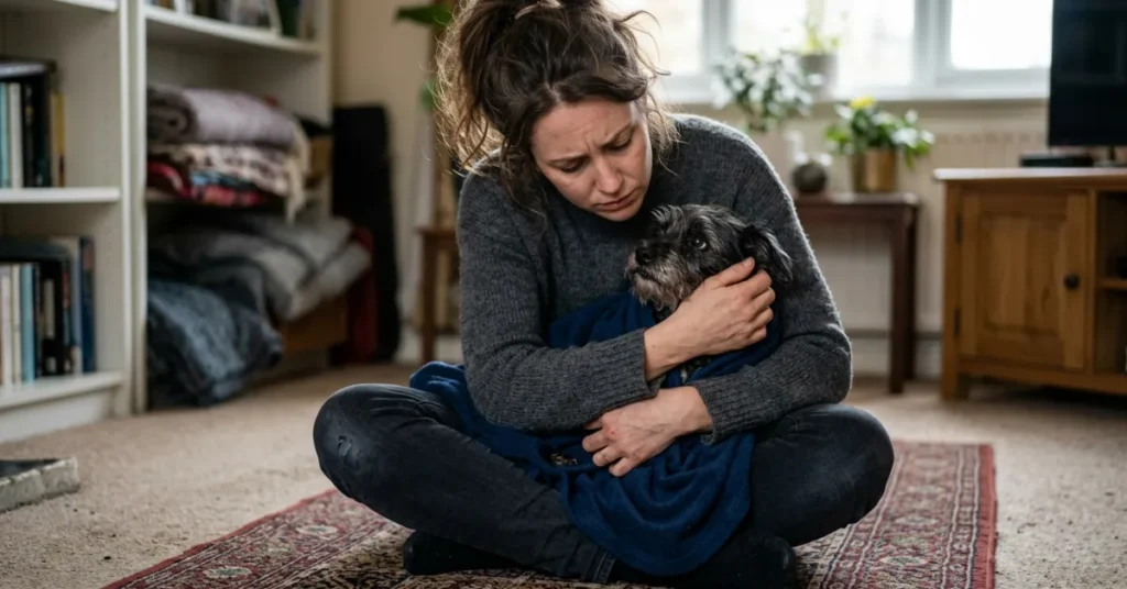 Owner comforting dog that is shaking all of a sudden at home