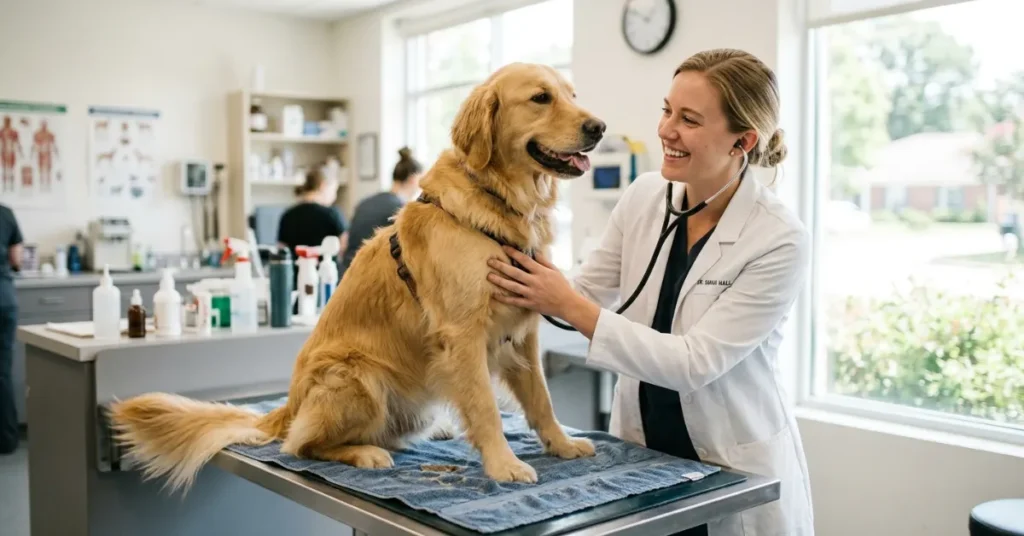 A golden retriever dog being examined by a veterinarian at a pet clinic