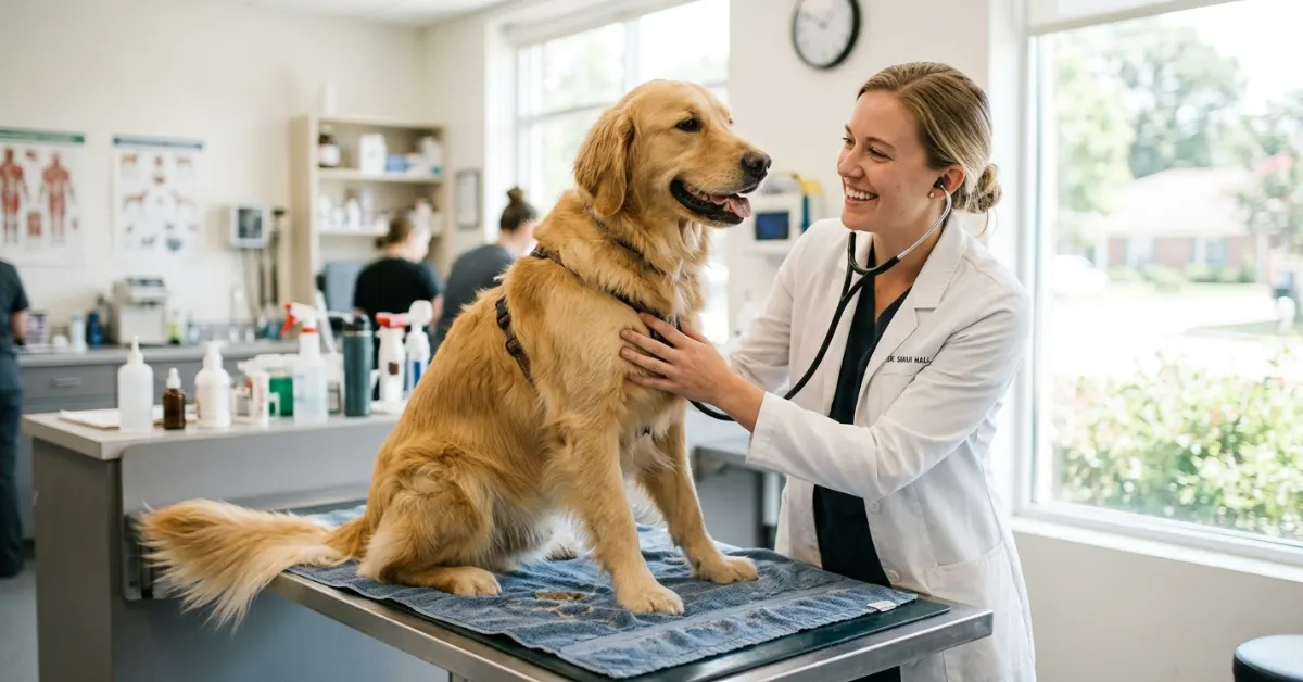 A golden retriever dog being examined by a veterinarian at a pet clinic