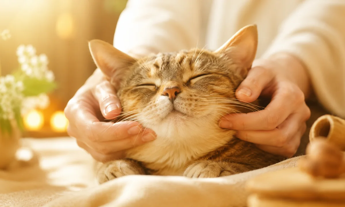 owner massaging a relaxed cat