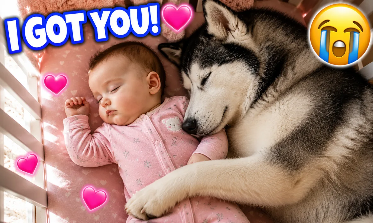 husky dog sleeping beside newborn baby
