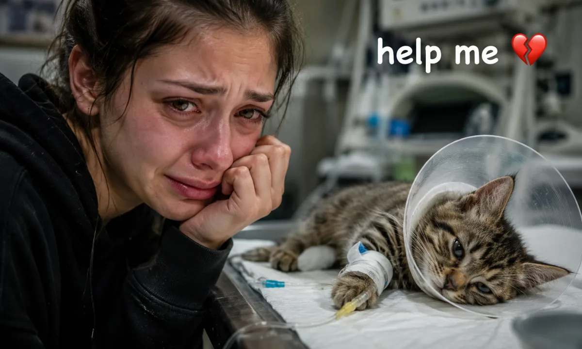 Sick kitten with IV drip and worried owner