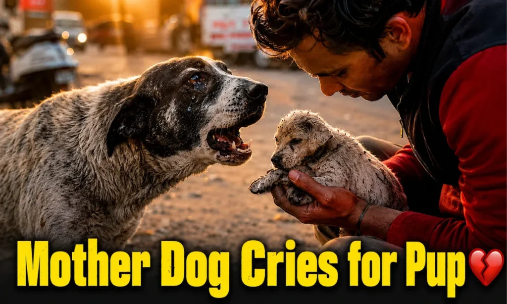Mother dog tearfully watches as a man holds her rescued puppy at sunset.