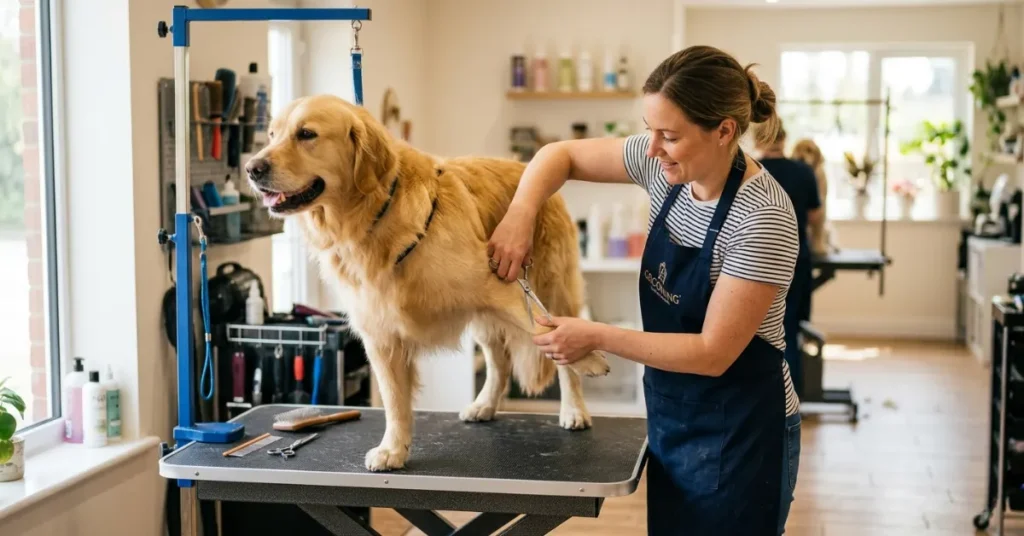 Professional dog groomer giving a haircut to a Golden Retriever in a pet salon