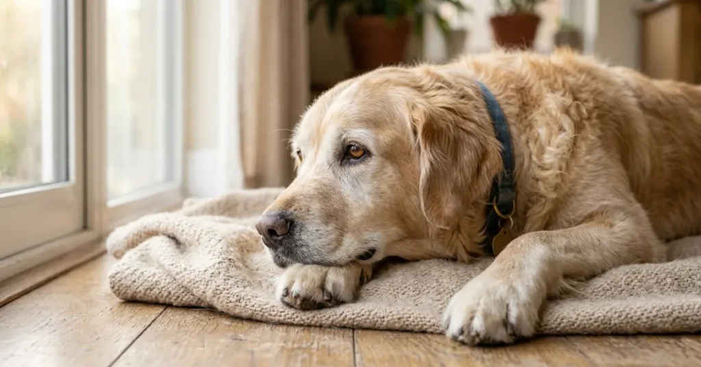Senior dog resting peacefully at home, showing early signs a dog is dying of old age
