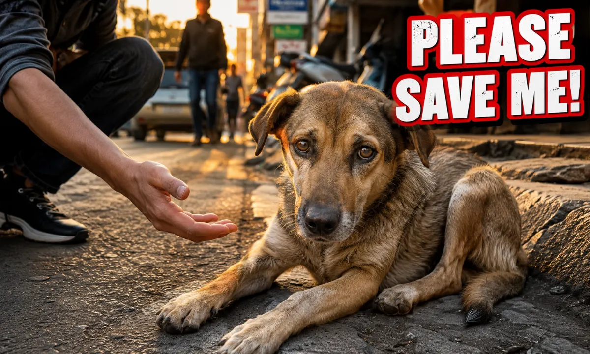 Stray dog resting on a city street at sunset while a kind person reaches out to help.