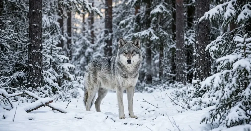 A majestic gray wolf standing in a snowy forest looking forward