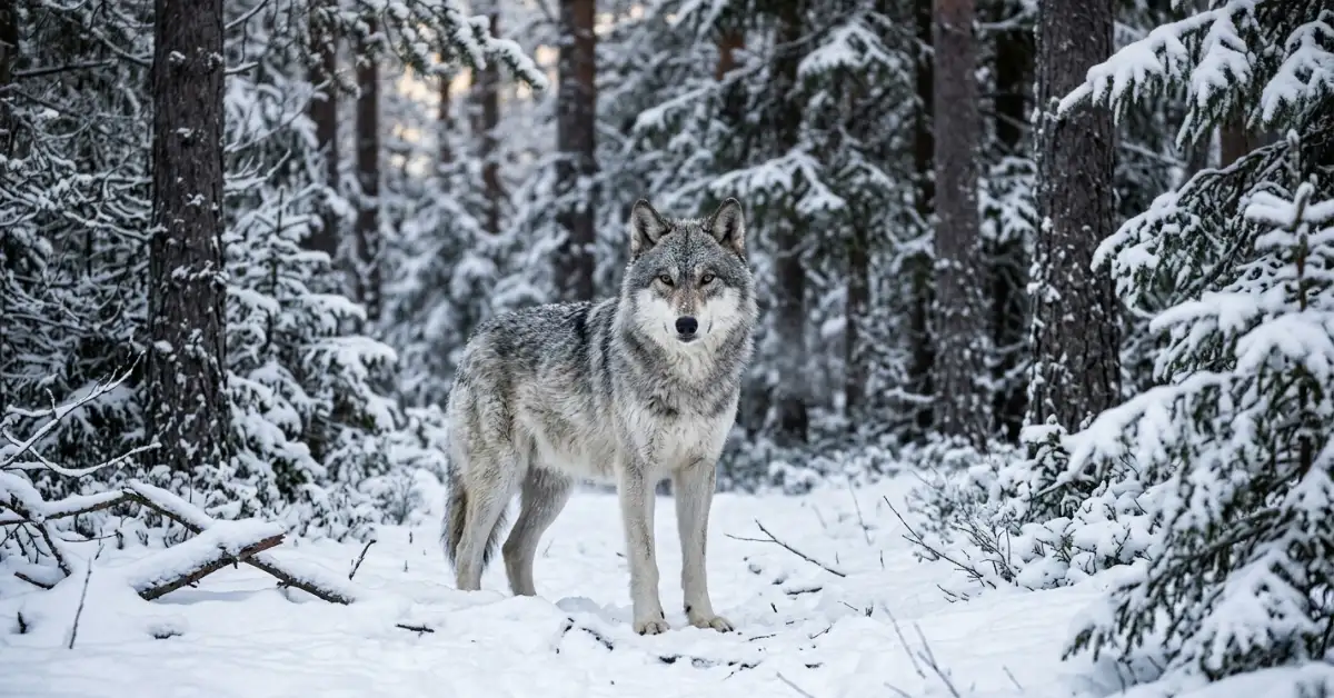 A majestic gray wolf standing in a snowy forest looking forward