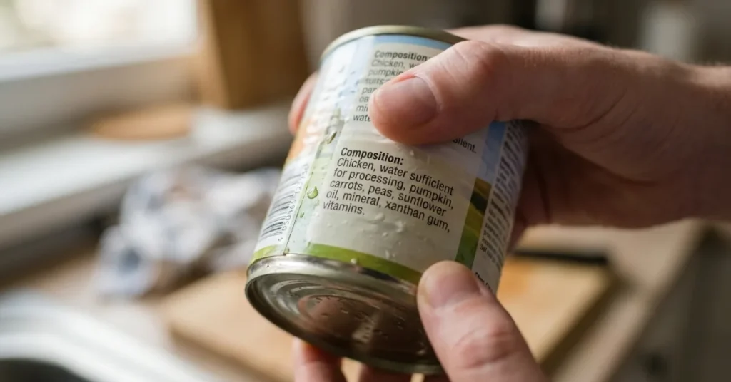 Dog food ingredient label showing xanthan gum listed as an additive