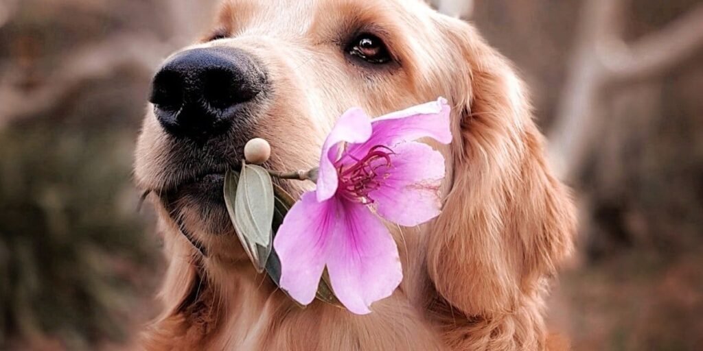 Golden retriever holding a pink flower, waiting on one of 400 girl dog names