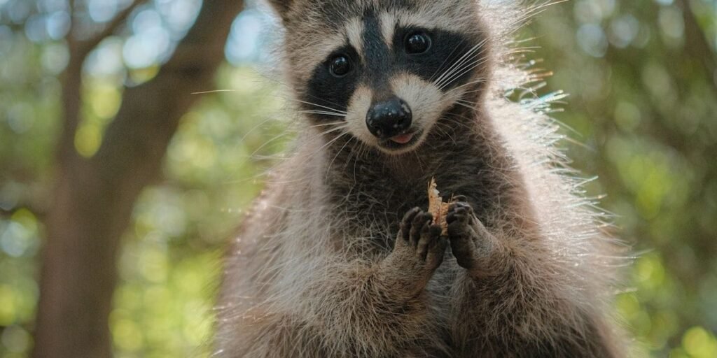 Young raccoon in the woods holding a snack in its paws, showing what raccoons eat in the wild